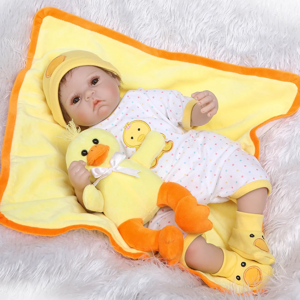 22&quotgirl doll reborn babies silicone vinyl children play house toys with duck and blanket bebe alive dolls | Игрушки и хобби