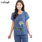 Повседневные женские хлопковые пижамы, женские летние пижамы с коротким рукавом и круглым вырезом, пижамный комплект с принтом лотоса, пижамы, большие размеры