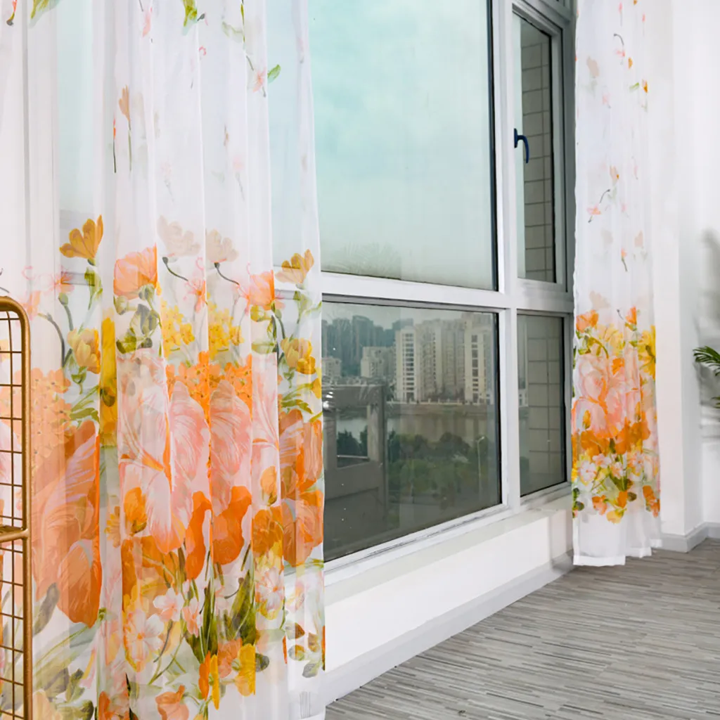 2pcs Peony Flower Print Curtain Tulle Window Treatment Drape Valance Simple Curtain Wear Rod Model 100x200cm L703