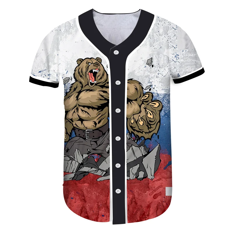 OGKB Российский бренд бейсбольная Футболка с объемным принтом медведя Спортивная