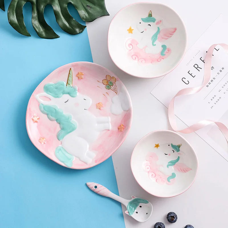Творческий Керамическая посуда наборы Симпатичный мультфильм Unicorn фарфоровый набор посуды Латы Ложка Bowl Детская Посуда Посуда - Цвет: 4piece