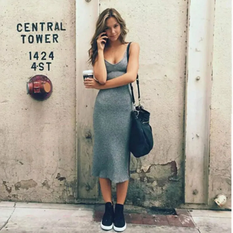 Сексуальный глубокий V образным вырезом Спагетти ремень стрейч миди платье для