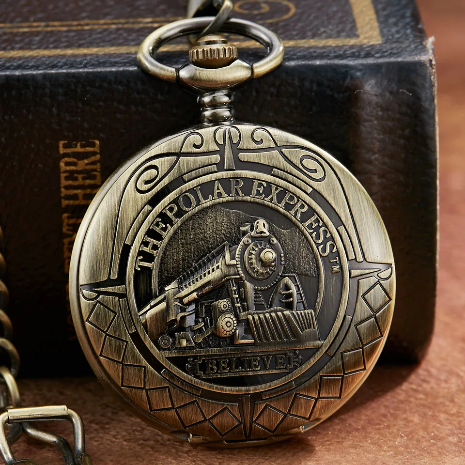 

Retro Locomotive Mechanical Pocket Watch The Polar Express Design Bronze Hollow Skeleton Mens New Mechanical Pocket Watch Chain