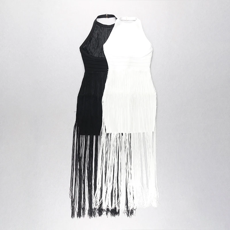 

Halter Sexy Tassel Black Girl Bandage Rayon Celebrity Elegant Evening Club Show Dress