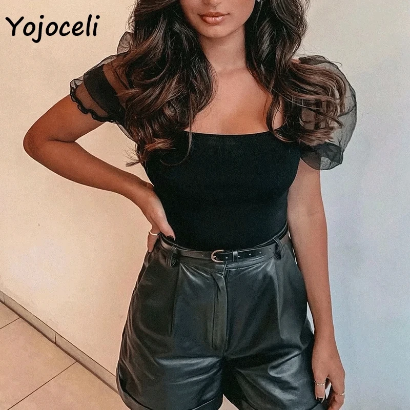 Сексуальная черная женская рубашка Yojoceli сетчатые Топы в стиле пэчворк с пышными