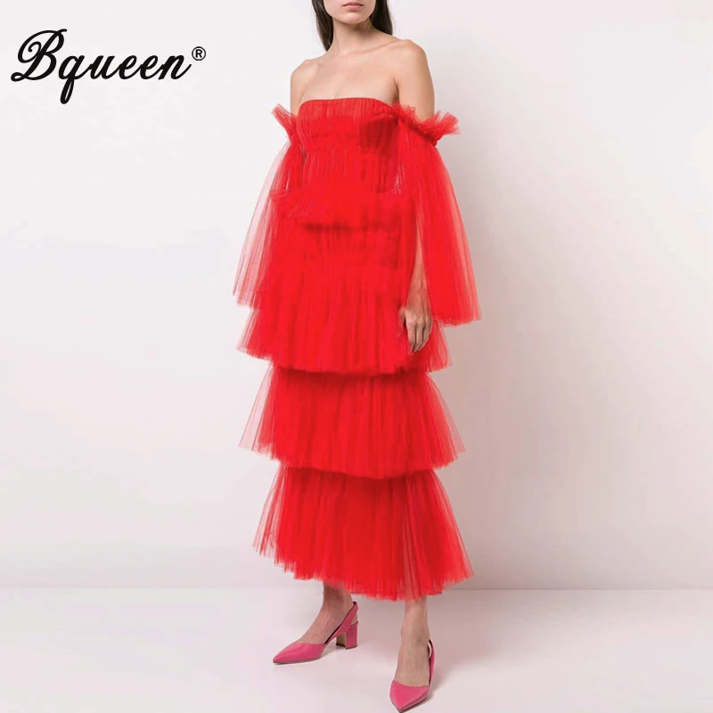 Женское платье с рюшами Bqueen однотонное Сетчатое вырезом лодочкой и