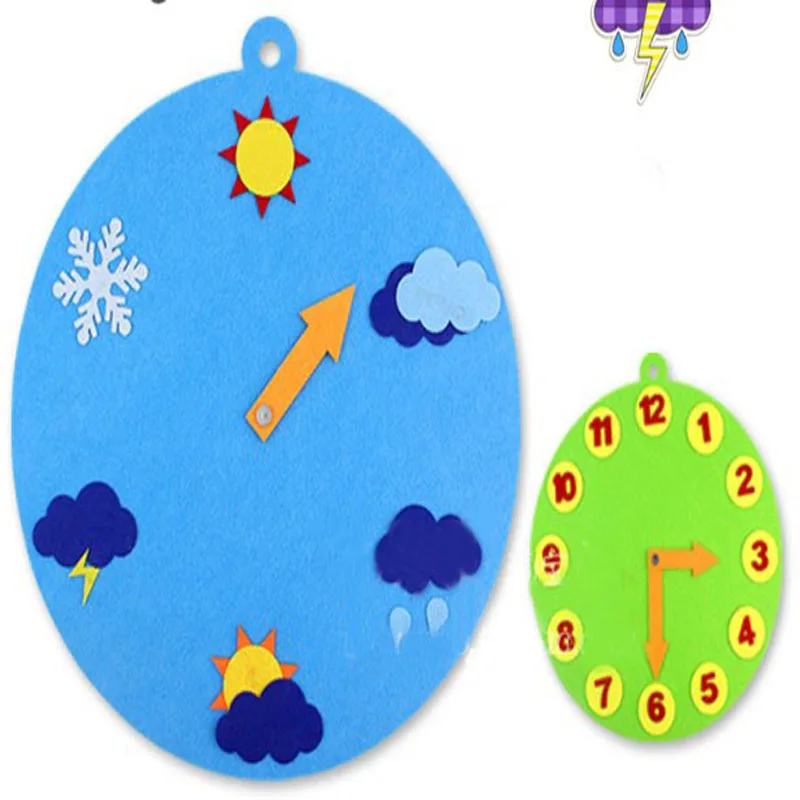 ZY Cartoon Kids Early Learning Moveable Clock &amp Weather Forecast Nonwoven DIY Felt Fabric Handmade Sewing |