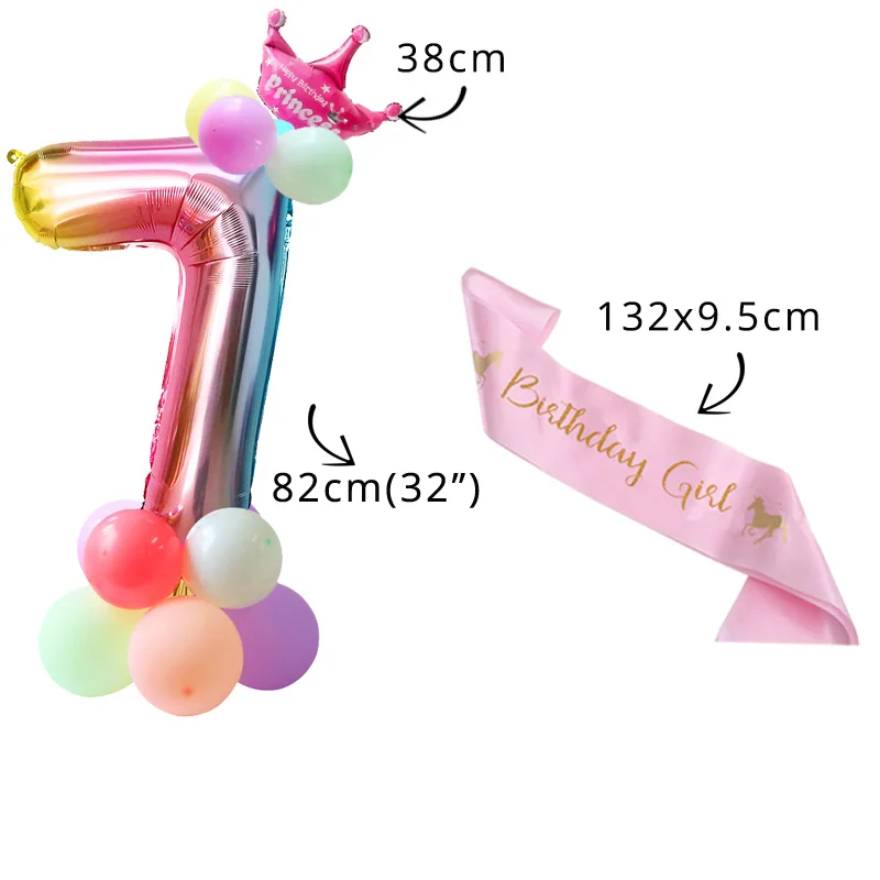 balloon sash crown 7 Радужный шар с цифрами, единорог, воздушные шары, единорог, вечерние наборы шариков из фольги, украшения для дня рождения, Детские вечерние шары для мальчиков и девочек - Цвет: balloon sash crown 7