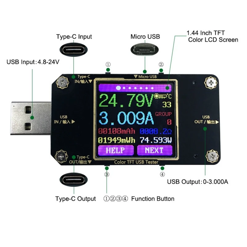 Usb Power Meter Tester Bluetooth Type-C Current And Voltage Monitor Pd Battery Capacity Digital Co | Электроника
