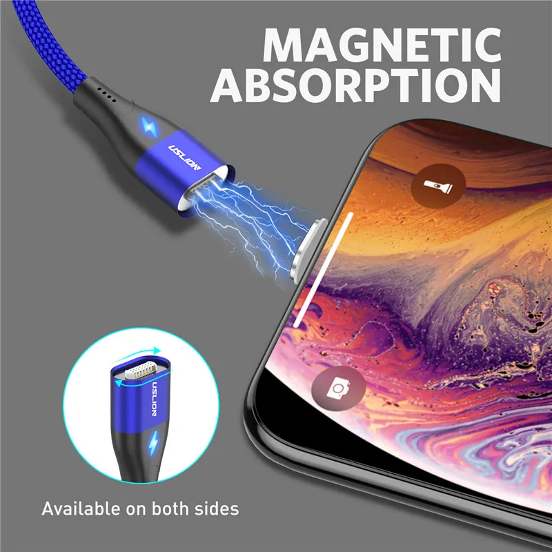 USLION 3A светодиодный магнитный кабель для быстрой зарядки iPhone XS Micro USB Type C Магнитный