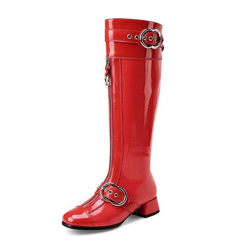 red shoes Gdgydh/Сапоги до колена из натуральной кожи; женские пикантные зимние сапоги из лакированной кожи с пряжкой на резиновой подошве; женская обувь для вечеринок; большие размеры - Цвет: red shoes
