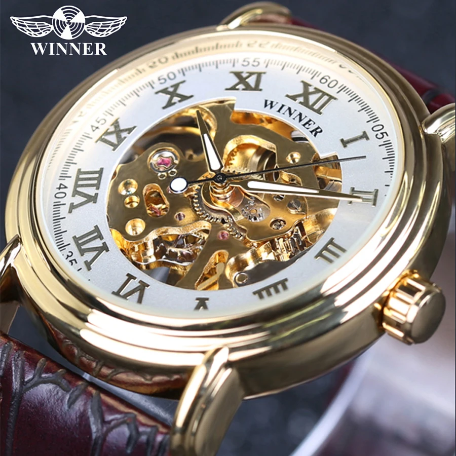 

Vintage luxury quality gift Steampunk Winner brand leather men male military clock automatic Skeleton automatic mechanical Watch