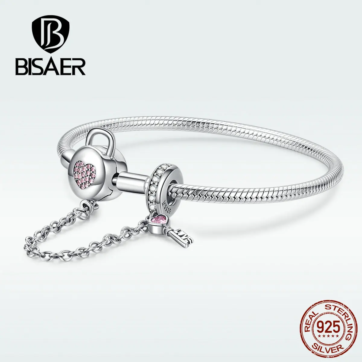 BISAER модный браслет-цепочка с розовым сердцем, 925 пробы, серебро, подходят к оригинальному пану, подвески, ювелирные изделия HSB143