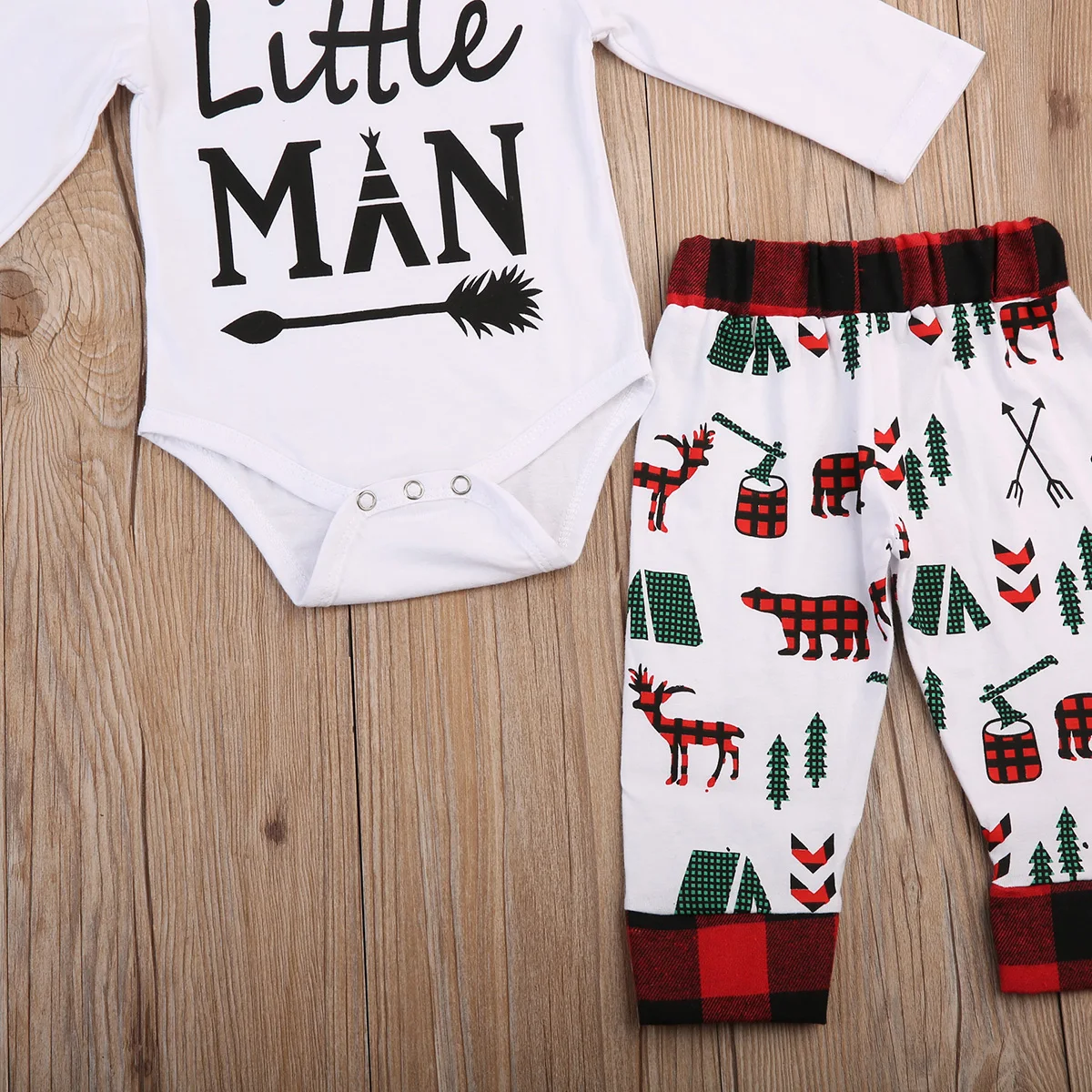 Little Man Long Sleeve Romper New 2017 Newborn Baby Boys Christmas Outfits ClothesRural map Animal Tree Pants Set |