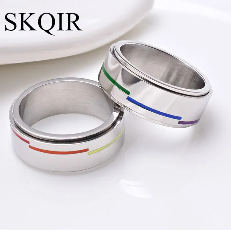 

SKQIR Trendy Simple Stainless Steel Wedding Rings for Women 8mm Spinner Bright Silver Color Charm Men Rings Fashion Jewelry Gift