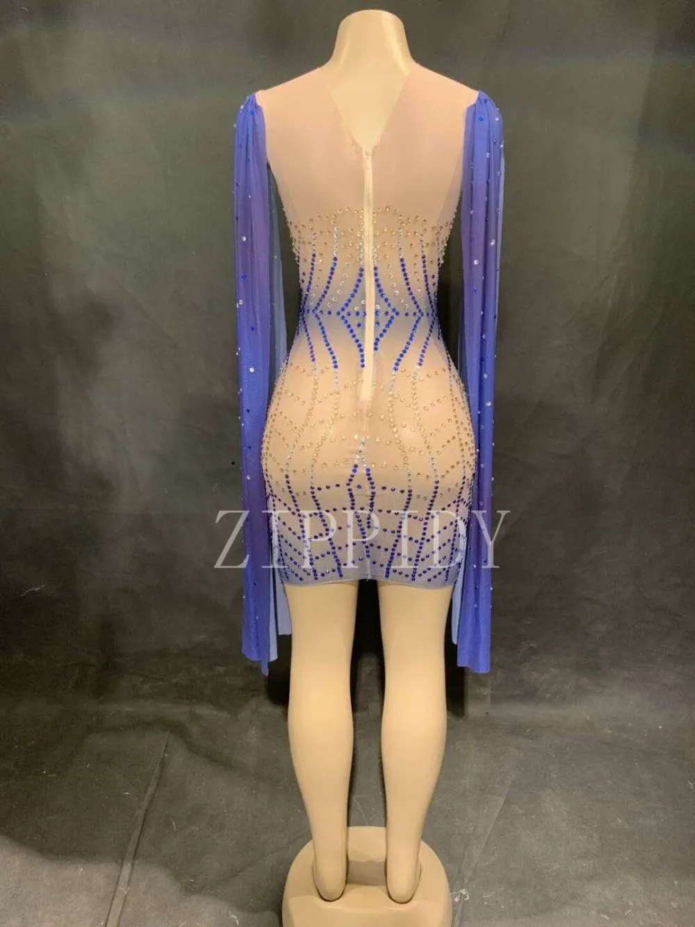 Женское Сетчатое платье с длинным рукавом голубое и Золотое Прозрачное для