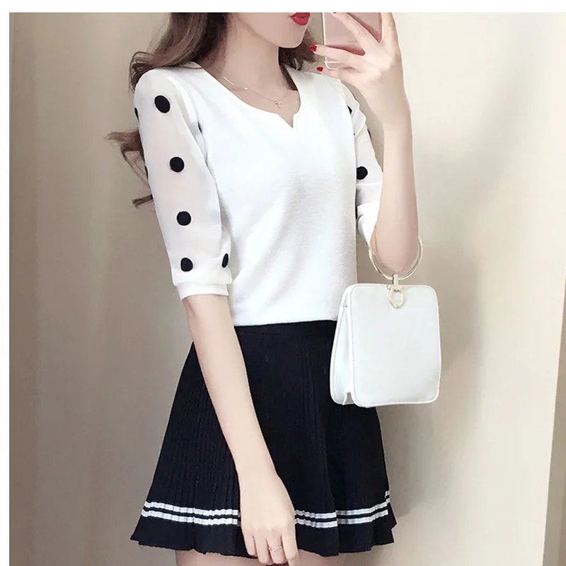 Женская шифоновая рубашка в горошек с V образным вырезом и полурукавом|Блузки| |