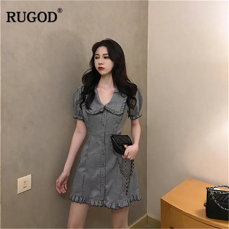 RUGOD элегантное женское платье в клетку с пышными рукавами мини приталенное