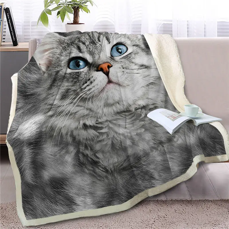 Cat 1 Blesslive Британский короткошерстный Кот плед на кровать 3D животное плюшевое шерпа одеяло сиамские покрывала серый Кот мех тонкое одеяло - Цвет: Cat 1