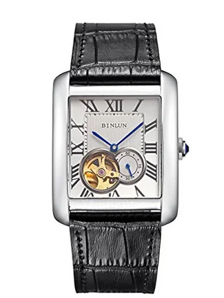 Silver BINLUN классические прямоугольные Мужские автоматические часы Tourbillon механические часы Роскошные мужские часы со скелетом часы из натуральной кожи - Цвет: Silver