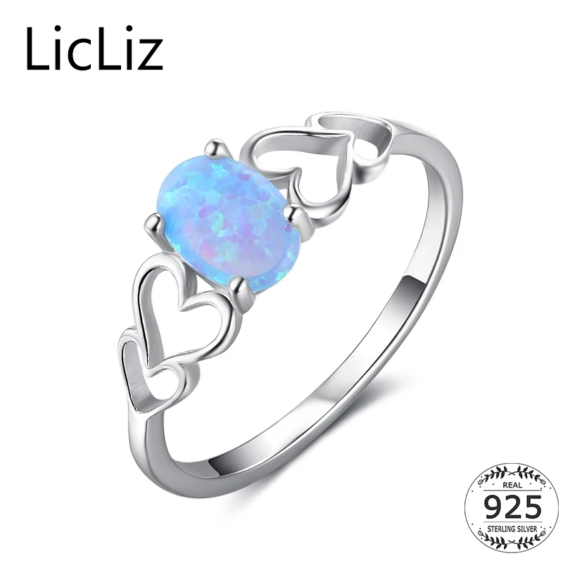 

LicLiz 925 Sterling Silver Heart Rings For Women Blue Opal Solitaire Ring Promise Wedding Band Big Stone Cocktail Ring LR0385