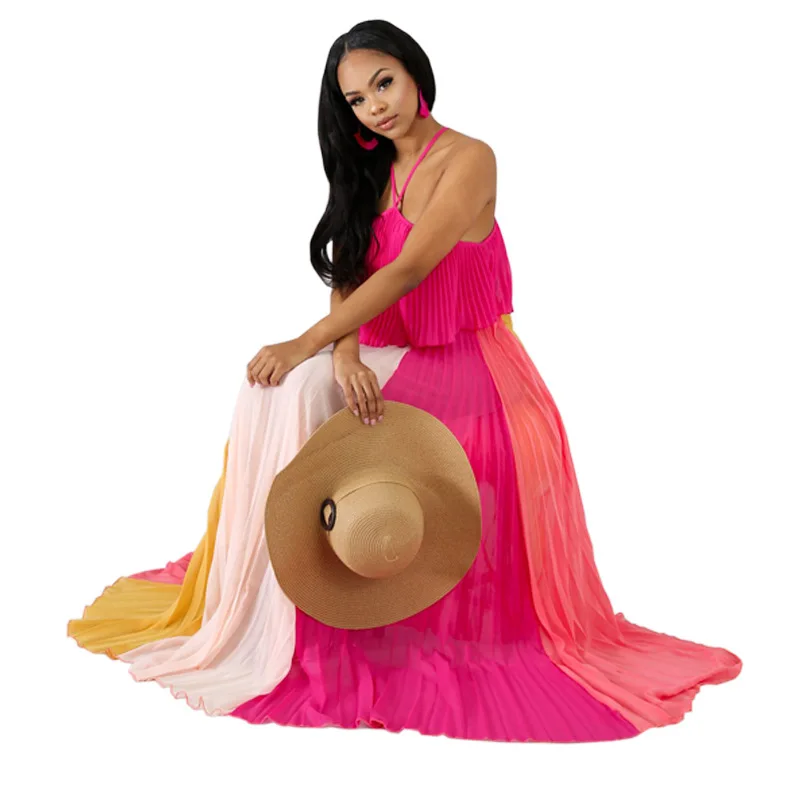 Модное Плиссированное сексуальное пляжное платье без бретелек длинное