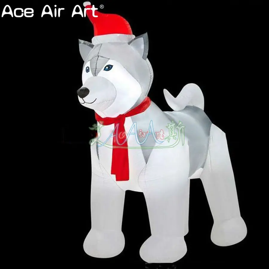 

High quality Christmas cartoon led Lighting Inflatable husky dog model with red hat for Christmas decoration on sale