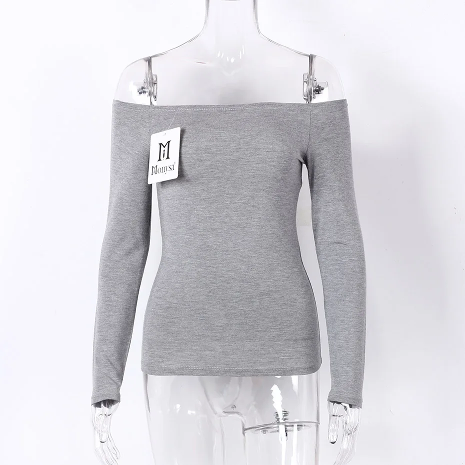 light gray long С Плеча Топы Женщины Новые Поступления Длинным Рукавом Хлопок футболка Женщины Повседневная Slim Fit Женские Футболки Sexy Футболки черный - Цвет: light gray long
