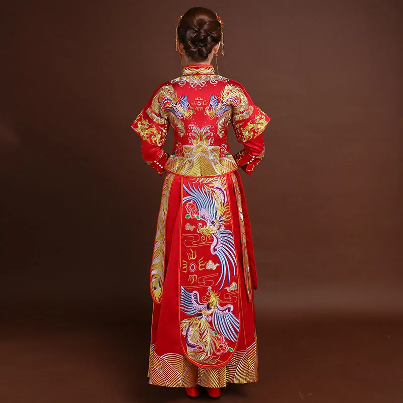 Женское традиционное свадебное платье Qipao красное невесты с вышивкой Феникса в