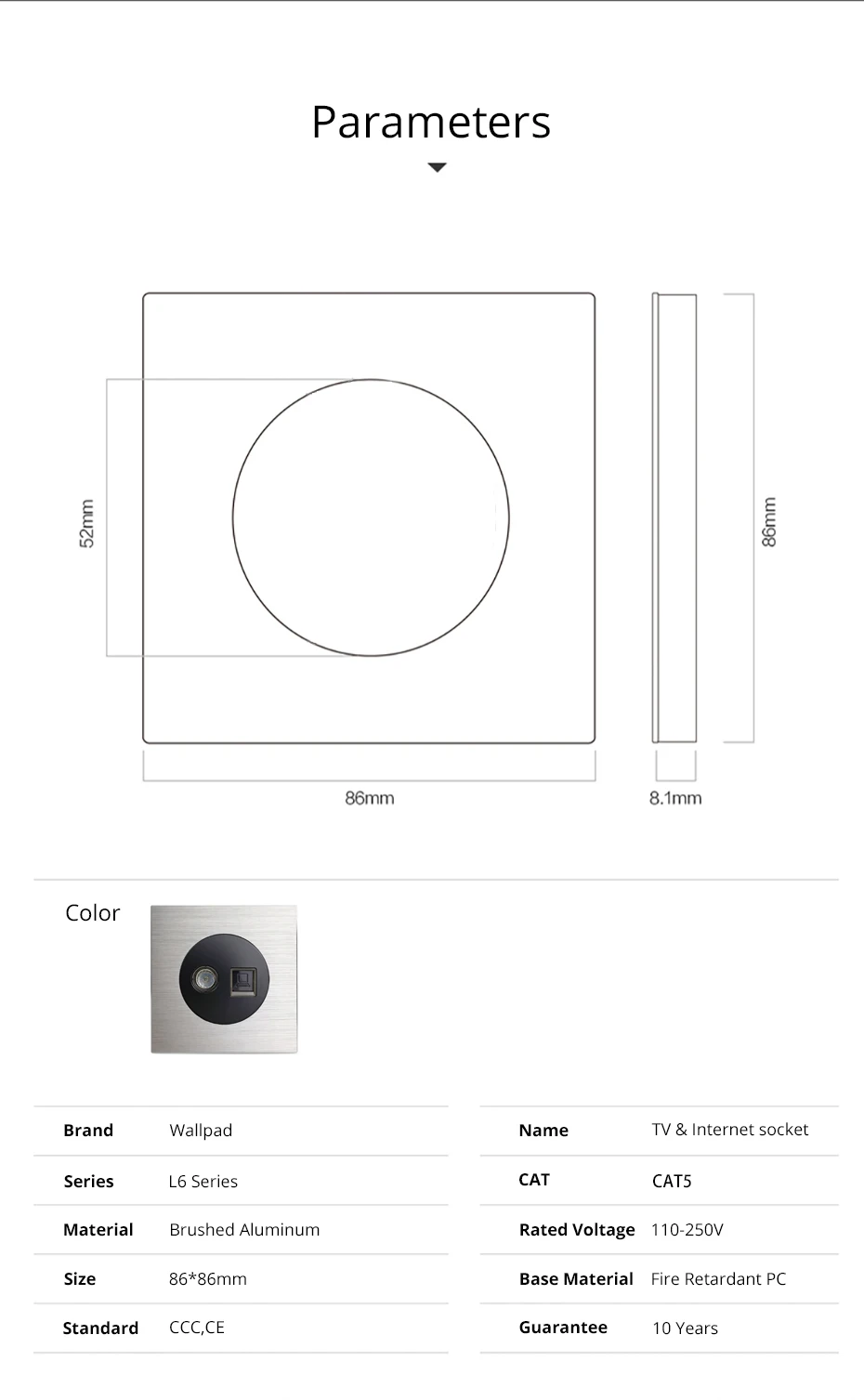L6 Grey Single TV Jack &amp PC Internet Data RJ45 CAT6 Outlet Socket Silver Brushed Aluminum Plate 86 * mm | Обустройство дома