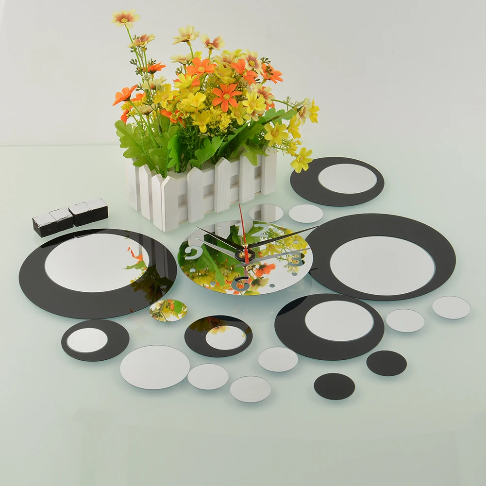 DIY Circles Acrylic Mirror black Silver Wall Clock Mural Decal Sticker Movement* | Дом и сад