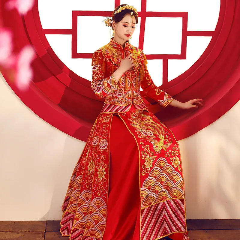 Красное женское традиционное свадебное платье Qipao 2018 новое с вышивкой и