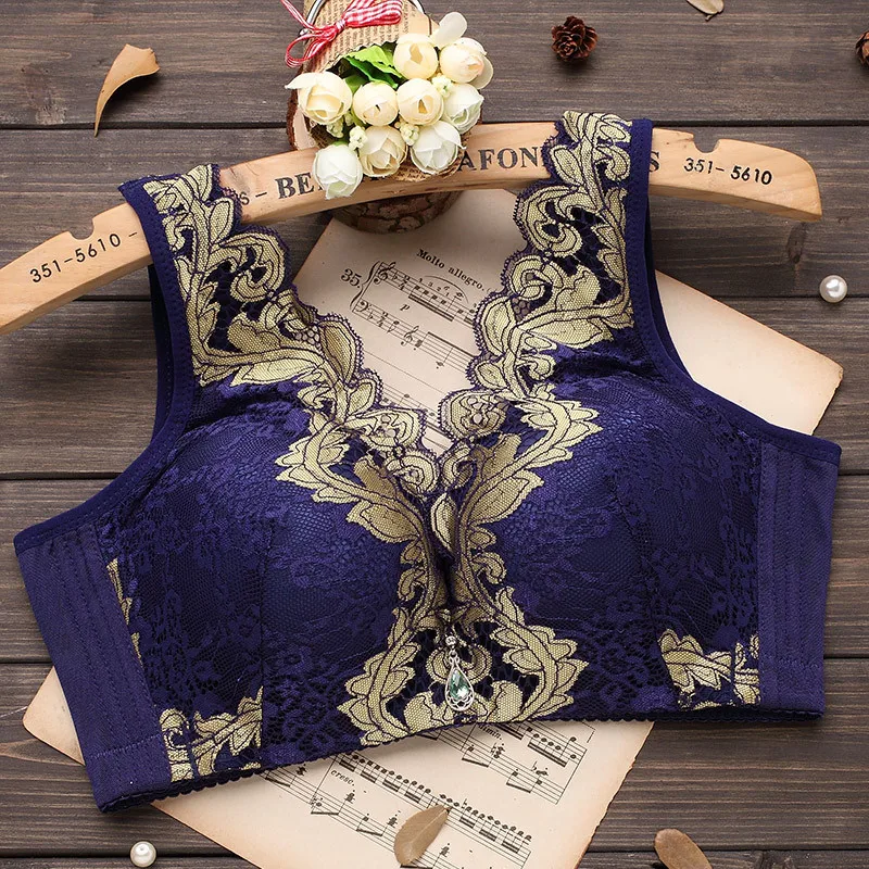 

Comfy Wire Free Brassiere Women Push-up Lingerie Charming Embroidery Underwear Plus Size Unlined Minimizer Bralette Blue Purple