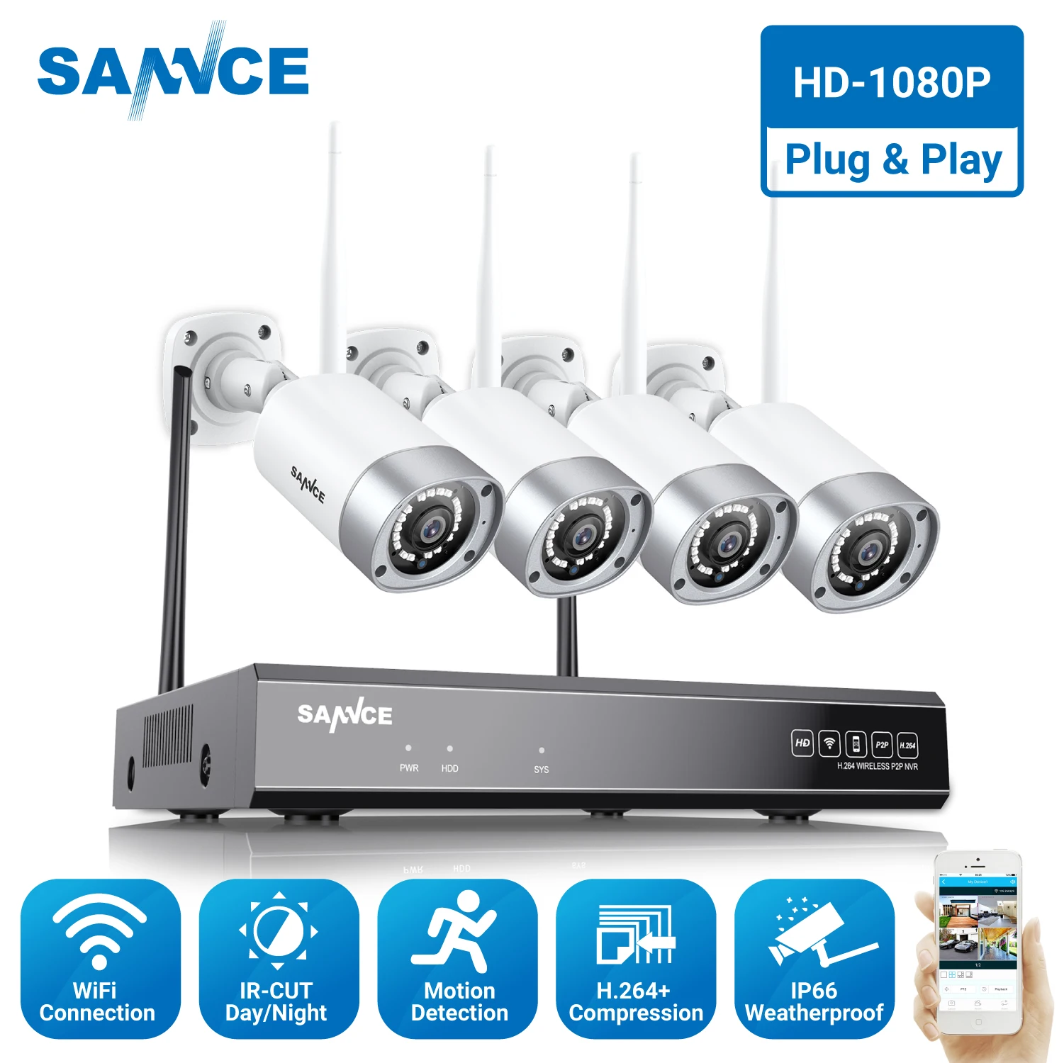 SANNCE Full HD 1080P 8CH Беспроводная NVR CCTV система безопасности 2.0MP IP камера 1080P Wifi Сеть IP66 комплект наружного наблюдения