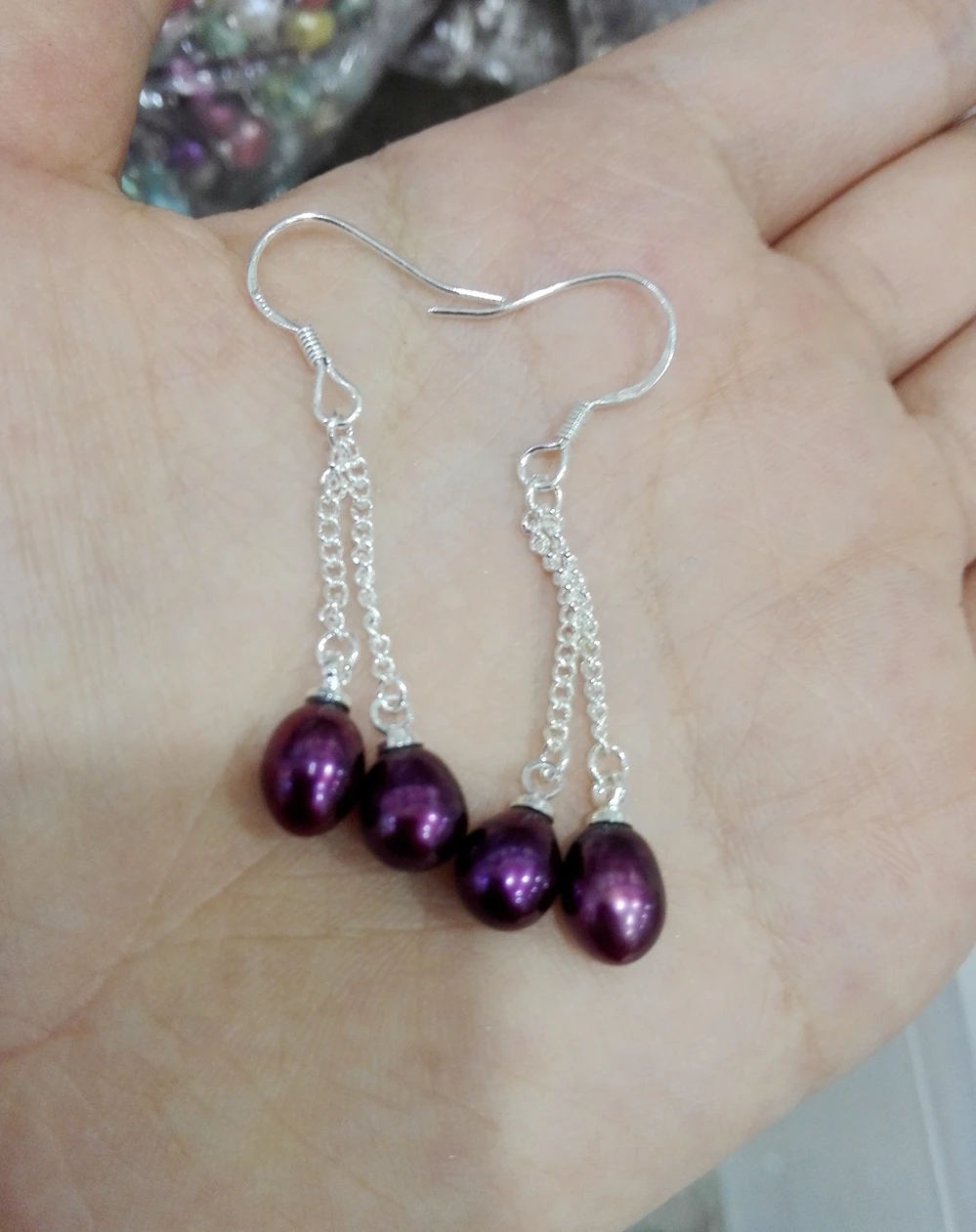

women Jewelry Earring 8-10mm Bright Deep purple Oval round Pearl double chain dangle hook Earring natural freshwater pearl