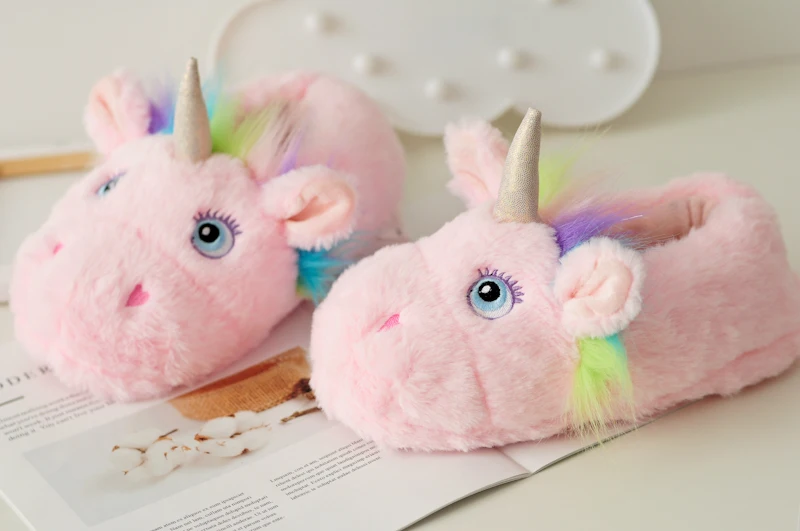 Мягкая теплая Домашняя обувь с изображением единорога из мультфильма kawaii; хлопковые ботинки с набивкой единорога; креативный прекрасный подарок для детей; для девочек; для детей