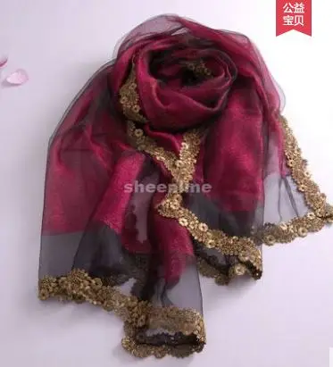 A6 purplish red Gold 22 цвета высокого качества, блестящие двухслойный шелк органза длинный шарф осень зима теплая обертка этнические пашмины с кружевной окантовкой - Цвет: A6 purplish red Gold