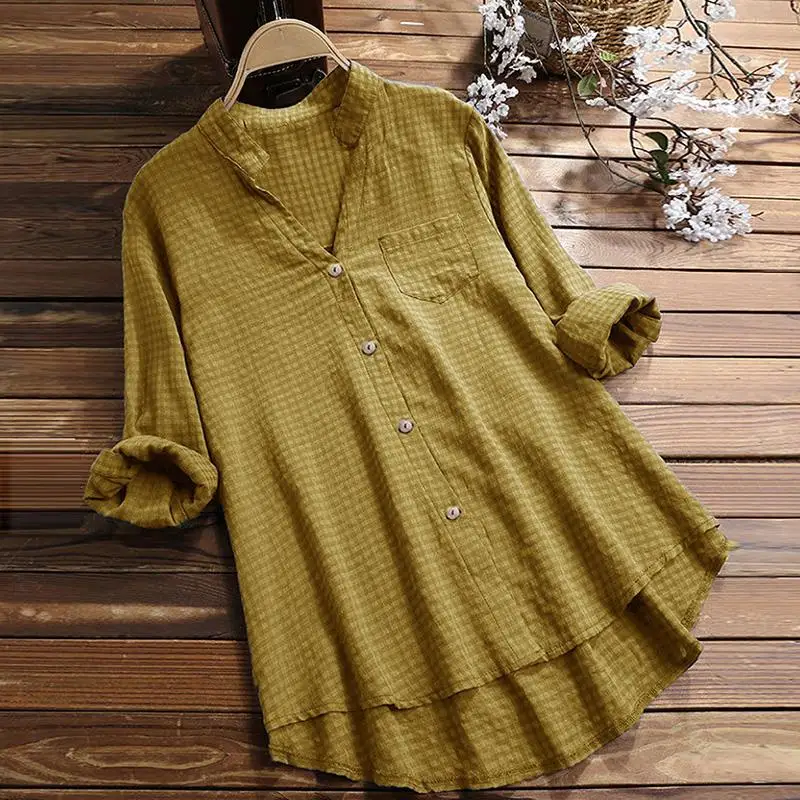 

2020 Autumn Women Causal Loose Blouse Full Sleeve Single Breasted Plaid Long Length Blusas Turn-Down Collar Tops SJ3198C