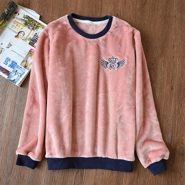 Women Pyjama Top Женские пижамы из флиса, теплые зимние фланелевые пижамы с круглым вырезом, одежда для сна+ длинные штаны, одежда для ночного отдыха для пар - Цвет: Women Pyjama Top