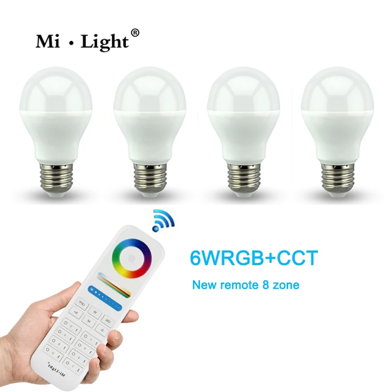 

Mi Light 2.4G AC110V 220V E27 6W Wifi RGBWW RGB+CCT LED Lamp Wireless Brightness adjusting Dimmable LED Bulb with 8 zone remote
