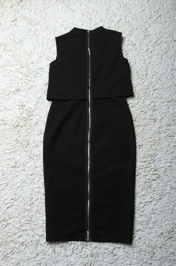 European Style Victoria Beckham 2014 Women Fake 2 Piece Black Sleeveless Bandage Pencil Dresses Celebrity Dress | Женская одежда