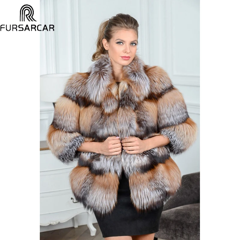 

FURSARCAR Luxury Whole Skin Golden Fox Jacket With Fur Collar Fashion Women Natural Fox Fur Coat Winter Outwear