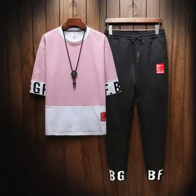 Pink Новые летние мужские комплекты спортивной одежды, футболки+ штаны, комплекты из 2 предметов, мужские повседневные свободные комплекты в стиле хип-хоп, футболки с коротким рукавом+ узкие штаны - Цвет: Pink