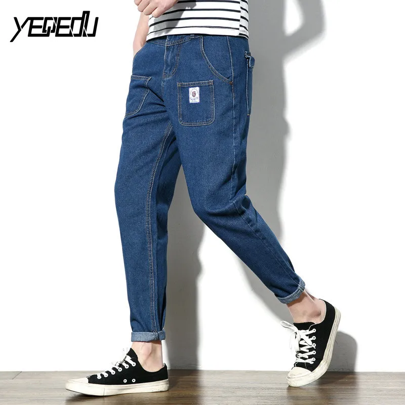 #4712 мульти-карманы джинсы-шаровары Мужская мода синий denim Jogger джинсы Большие