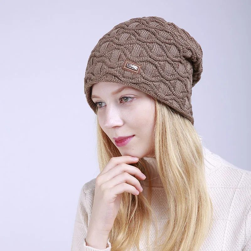 Осенняя синяя Толстая теплая вязаная шапка зимние шапки для женщин Лыжные защиты