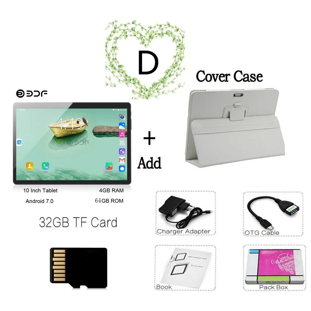 Add Holster 32GB TF Новинка, 10 дюймов, 4G LTE, планшетный ПК, четыре ядра, 4 Гб ОЗУ, 64 Гб ПЗУ, 1280*800, ips, закаленное стекло, 10,1, планшеты, Android 7,0, мобильный телефон - Комплект: Add Holster 32GB TF
