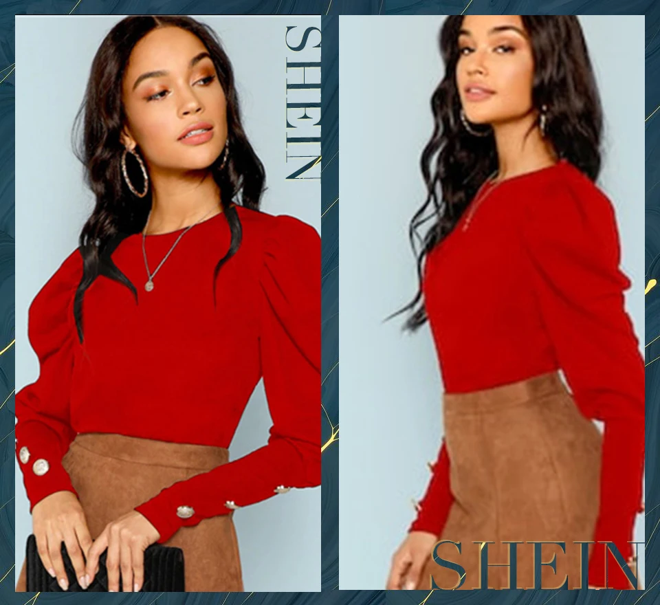 SHEIN Однотонная Футболка С Пуговицами И Оригинальным Рукавом, Стильная Офисная Блуза
