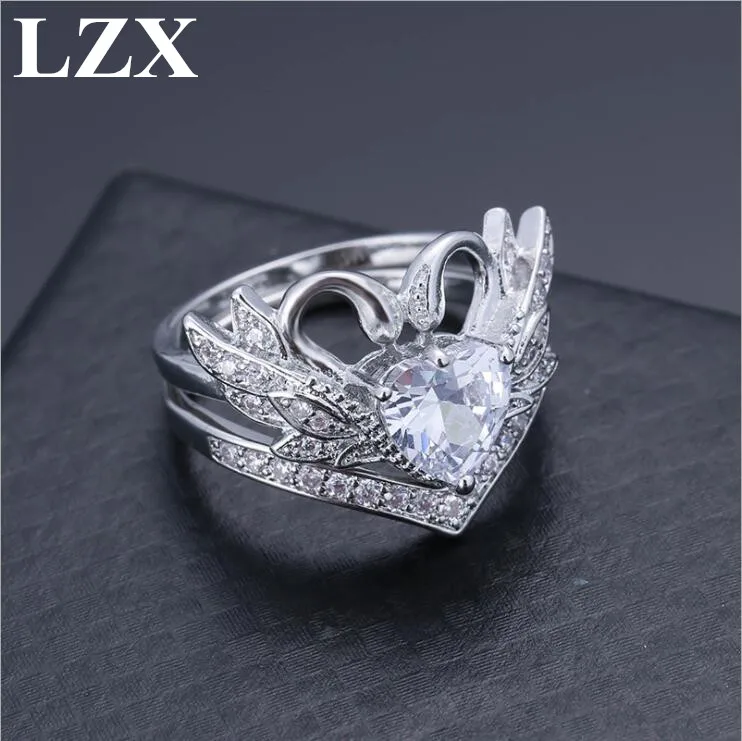 

LZX Hot Sell Swan Design Ring Set White Gold Color AAA Zirconia Crystal Stone Wedding Rings For Women Fashion Party Jewelry Gift