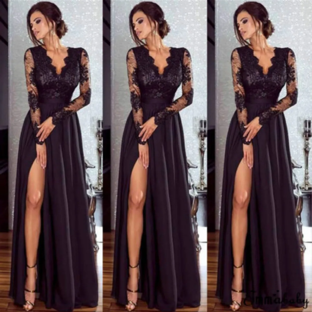 

Dress Women Lace Formal Long Ball Prom GownEvening Party 2018 Hollow Out Deep V-Neck Long Sleeve Dress