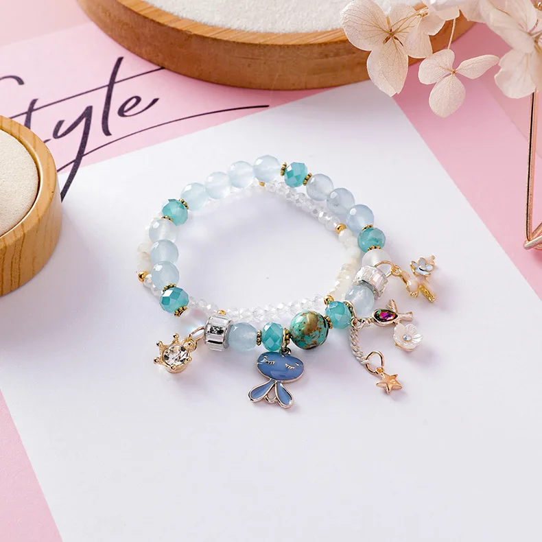 Романтичный браслет Русалочка с цветами и кроликом кристаллами двойной из